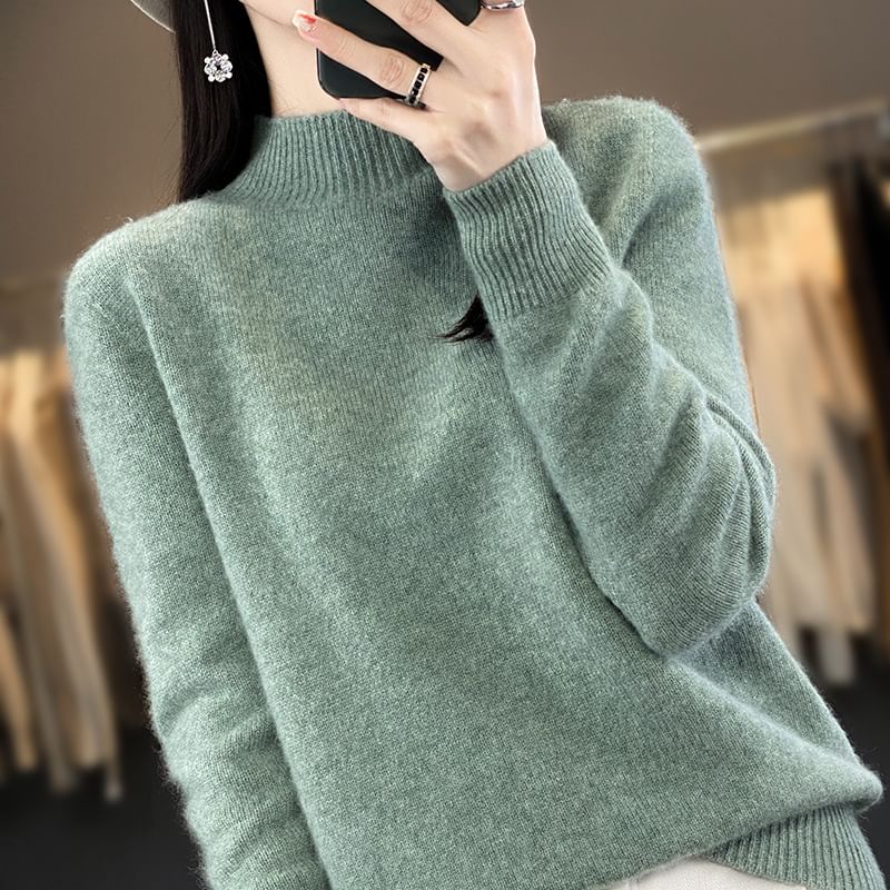 Long-Sleeve Mock Neck Plain Knit Top