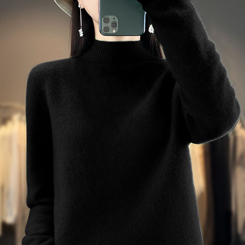Long-Sleeve Mock Neck Plain Knit Top