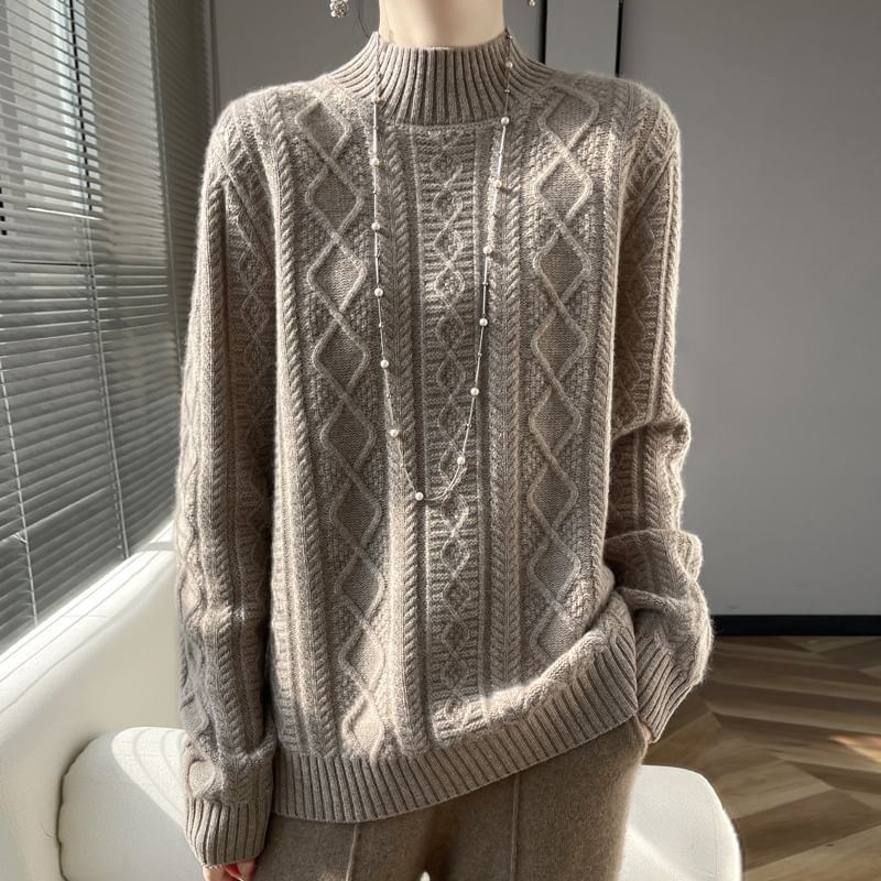 Mock Neck Cable Knit Plain Sweater
