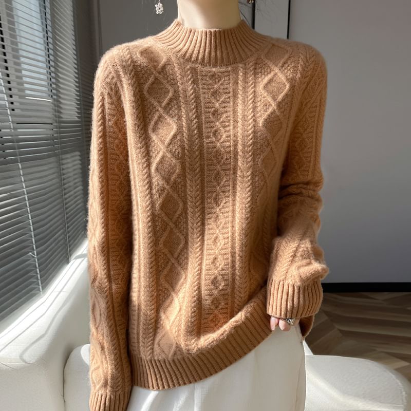 Mock Neck Cable Knit Plain Sweater
