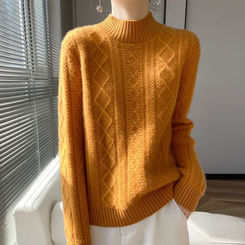 Mock Neck Cable Knit Plain Sweater
