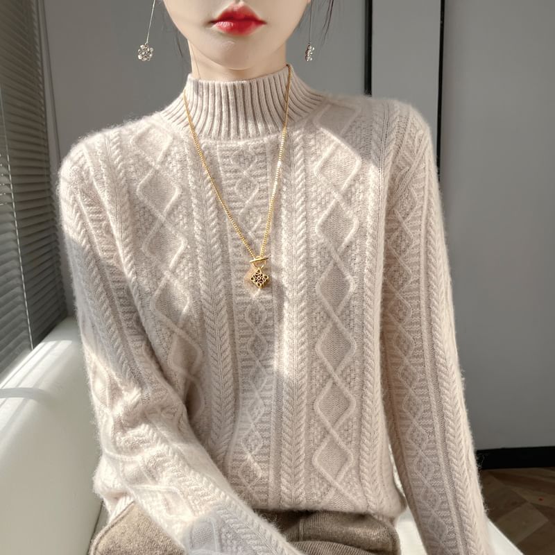 Mock Neck Cable Knit Plain Sweater