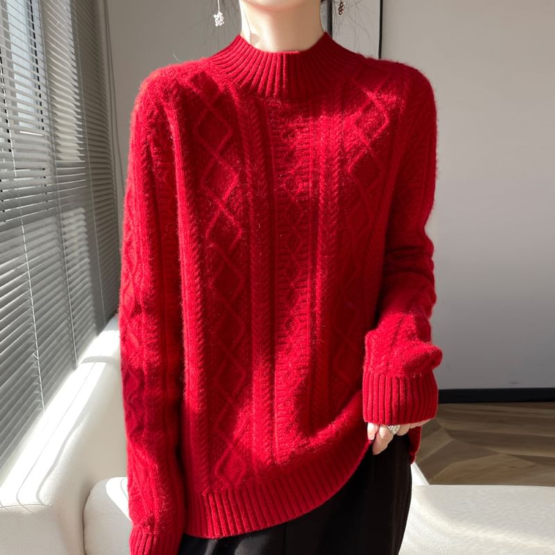 Mock Neck Cable Knit Plain Sweater