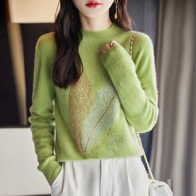 Long-Sleeve Crewneck Leaf Jacquard Knit Top