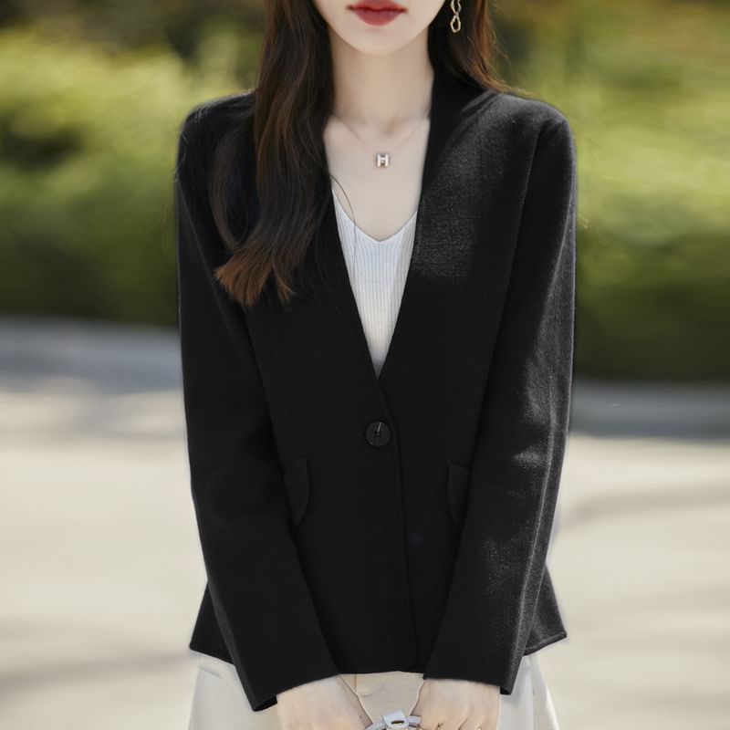 V-Neck One Buttoned Plain Blazer