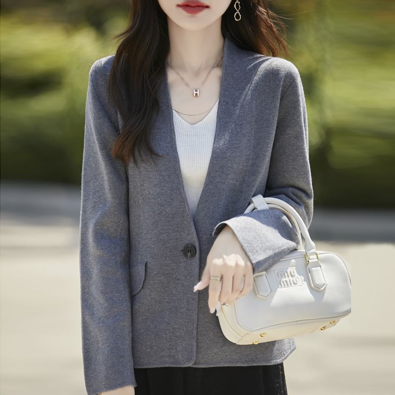 V-Neck One Buttoned Plain Blazer