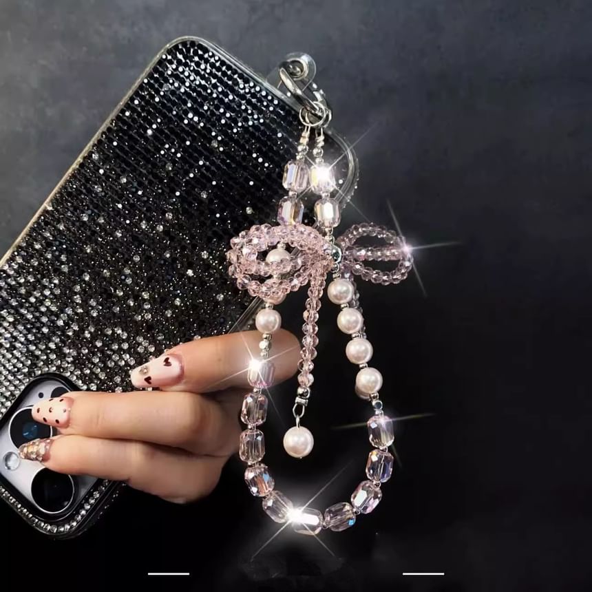 Faux Bow Crystal Pad Pearl Phone Strap Lanyard with