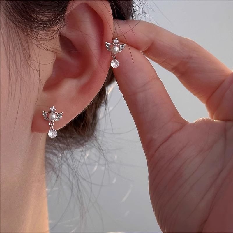 Earring Alloy Faux Drop Pearl Wings