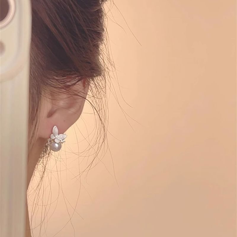 Alloy Pearl Earring Butterfly Faux Drop