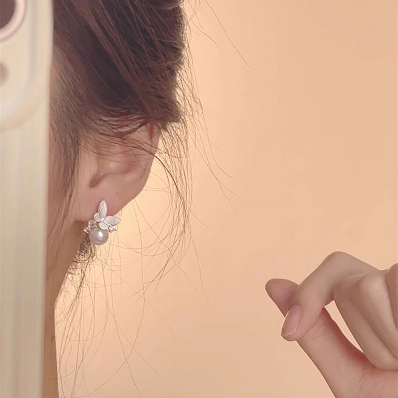 Alloy Pearl Earring Butterfly Faux Drop