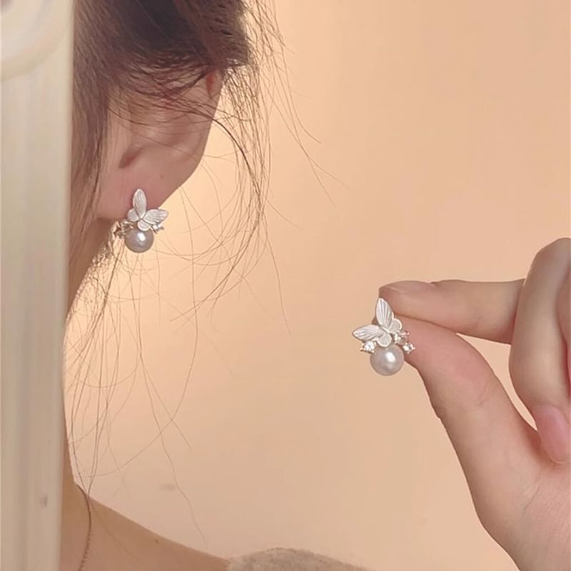 Alloy Pearl Earring Butterfly Faux Drop