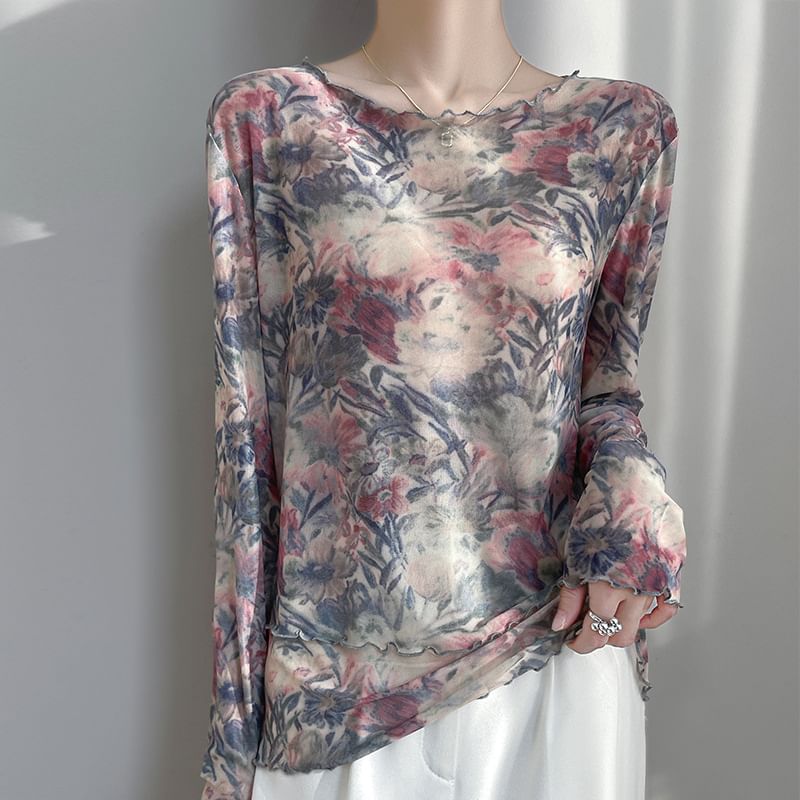 Long-Sleeve Boat Neck Butterfly Print Mesh Top
