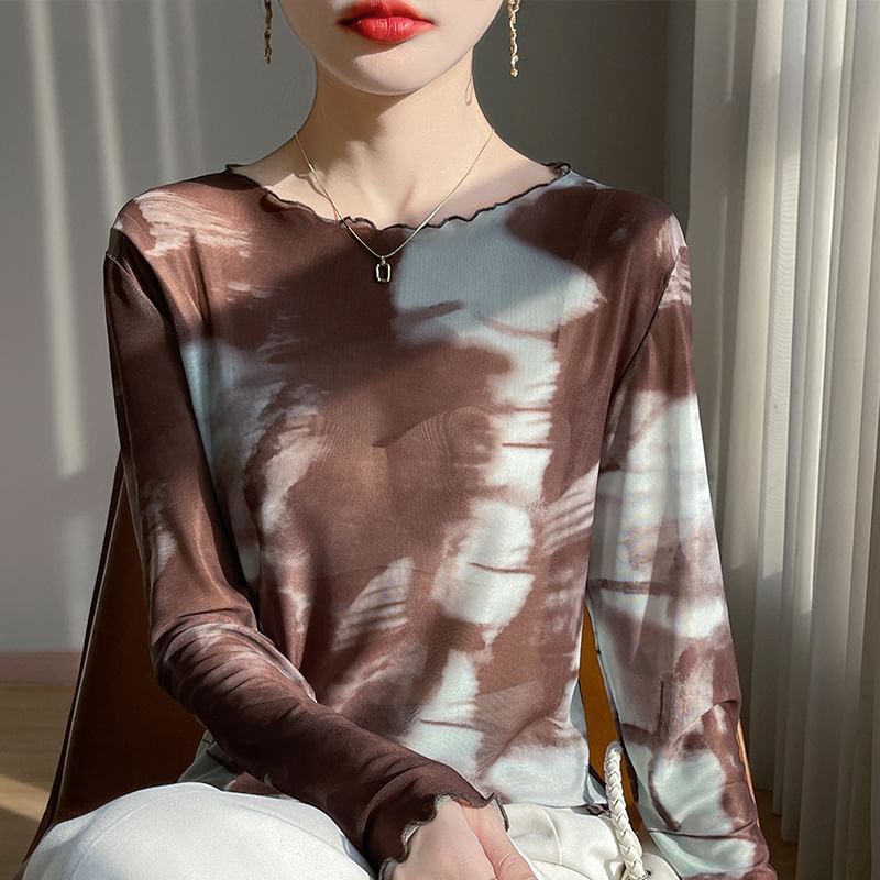 Long-Sleeve Boat Neck Butterfly Print Mesh Top