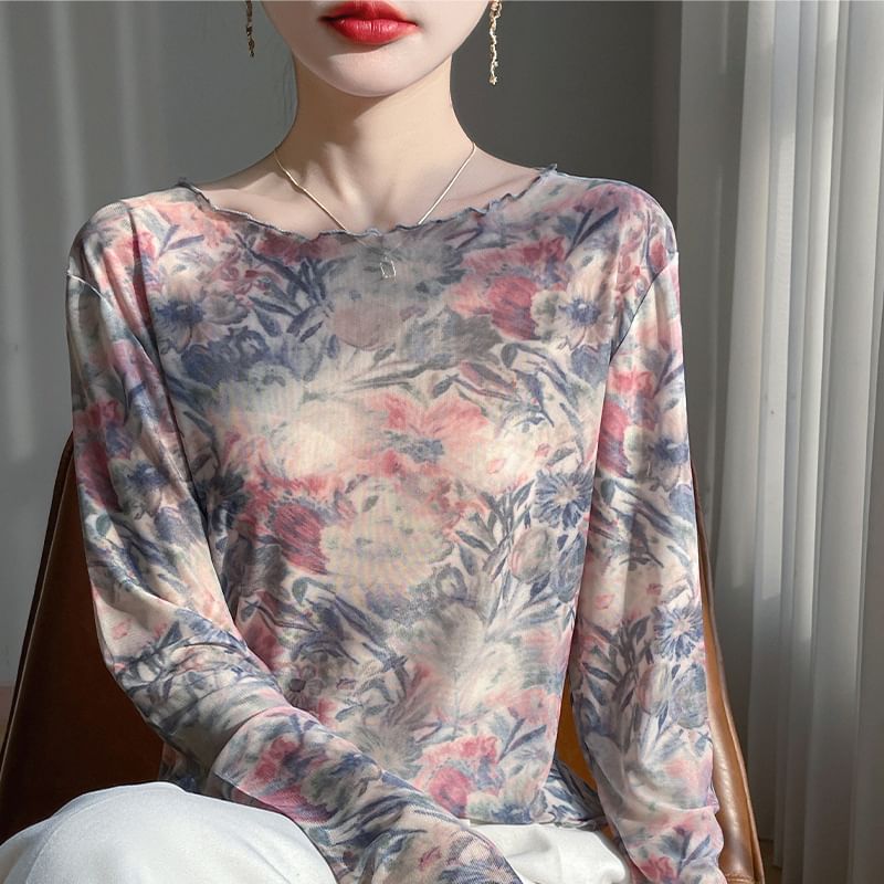 Long-Sleeve Boat Neck Butterfly Print Mesh Top