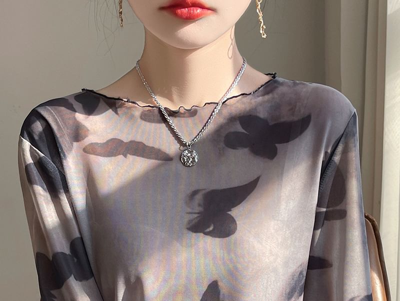 Long-Sleeve Boat Neck Butterfly Print Mesh Top