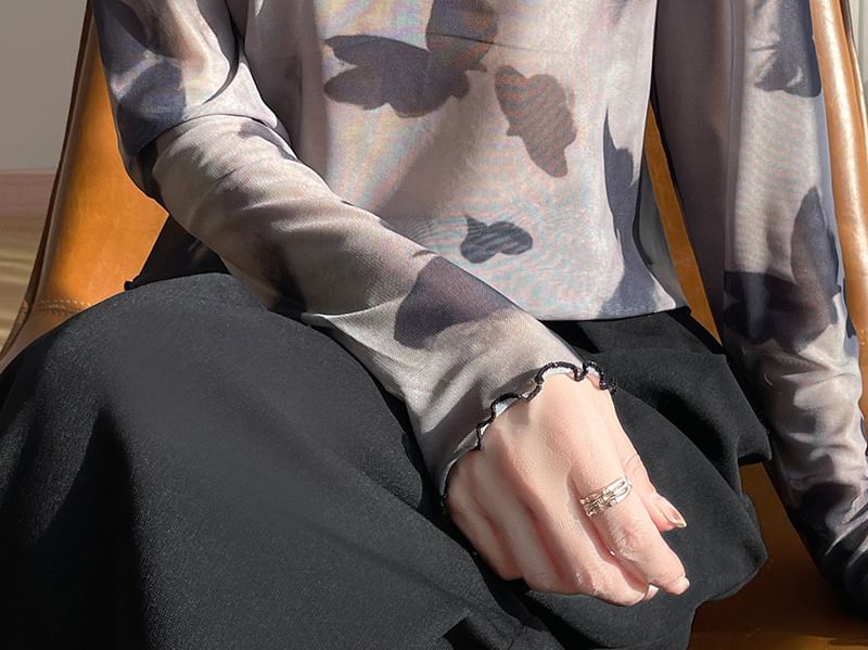 Long-Sleeve Boat Neck Butterfly Print Mesh Top