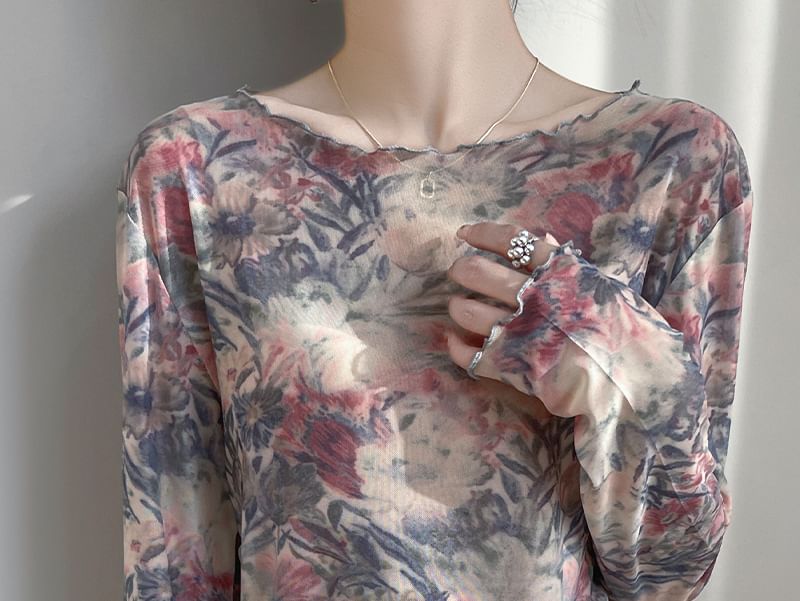 Long-Sleeve Boat Neck Butterfly Print Mesh Top