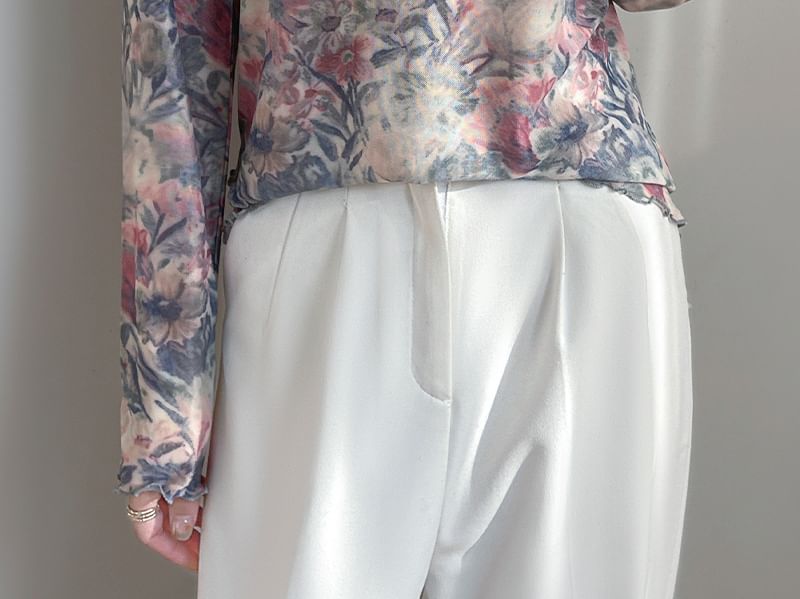 Long-Sleeve Boat Neck Butterfly Print Mesh Top