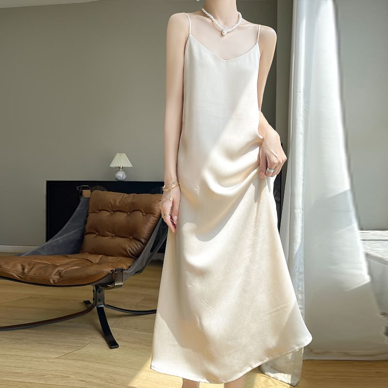 Spaghetti Strap V-Neck Satin Midi A-Line Dress