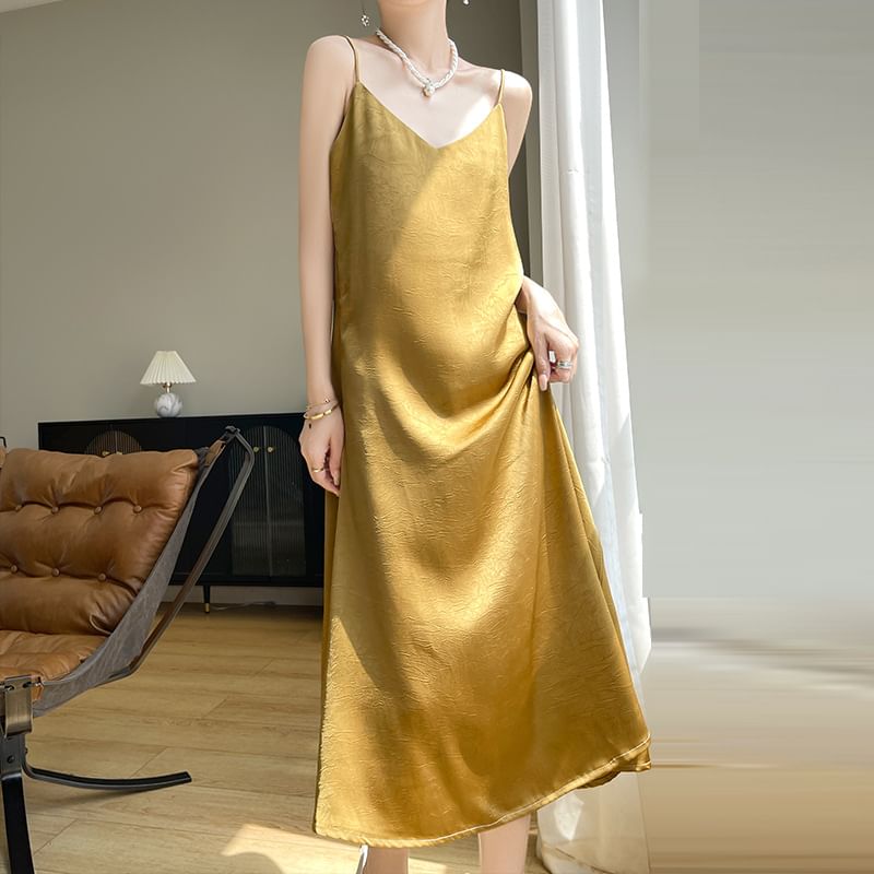 Spaghetti Strap V-Neck Satin Midi A-Line Dress