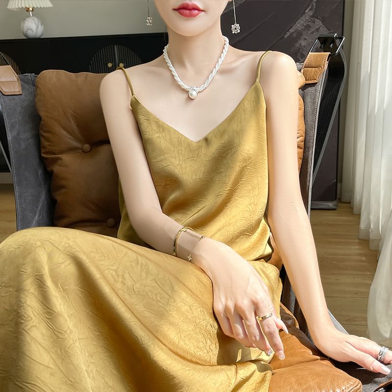 Spaghetti Strap V-Neck Satin Midi A-Line Dress