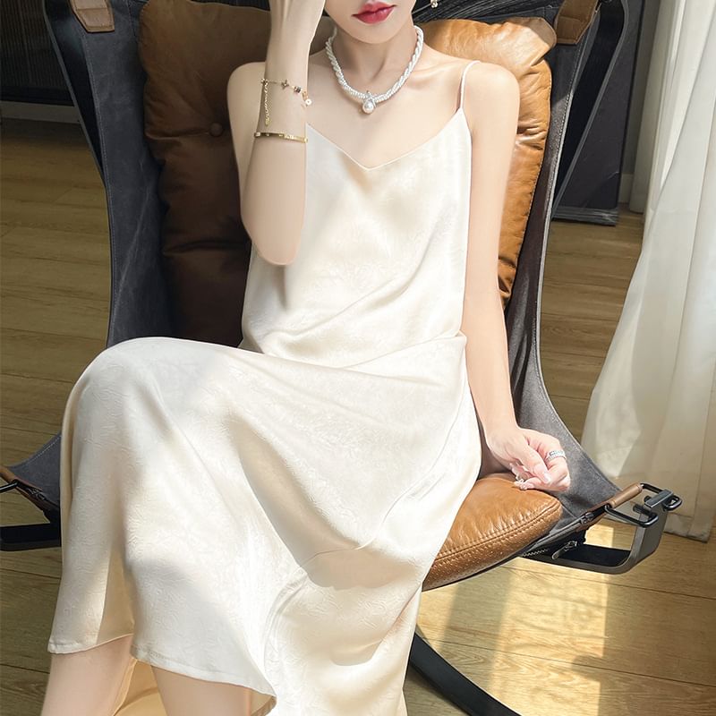 Spaghetti Strap V-Neck Satin Midi A-Line Dress