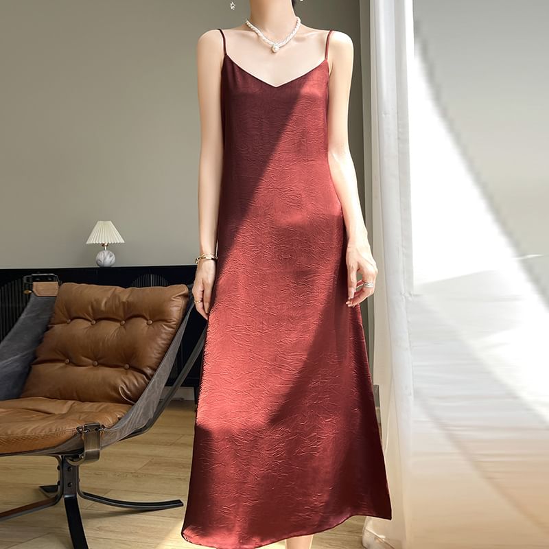 Spaghetti Strap V-Neck Satin Midi A-Line Dress