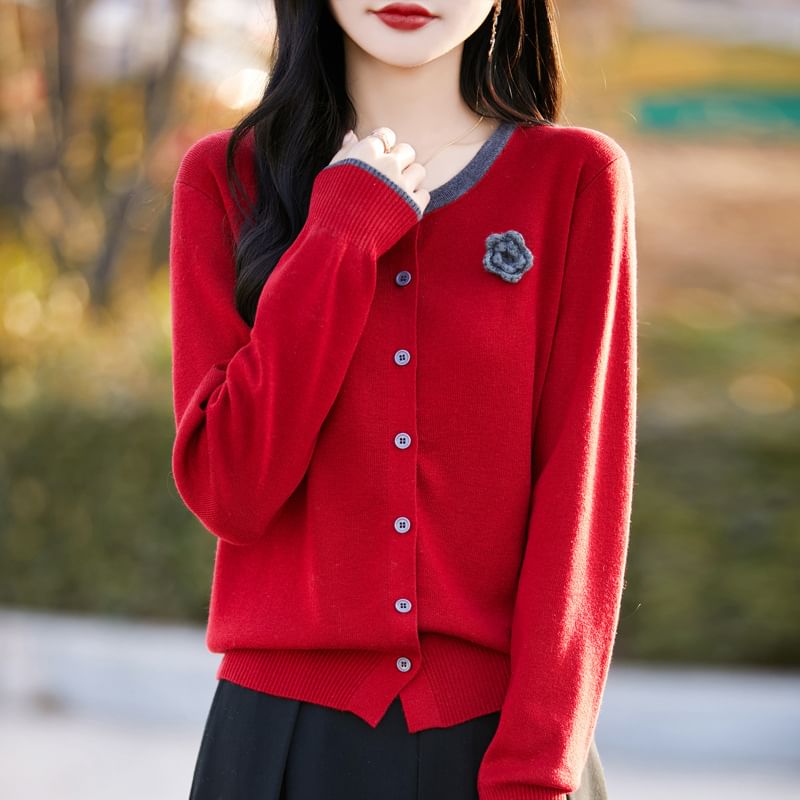 Mock Two-Piece Floral Print Button-Up Cardigan