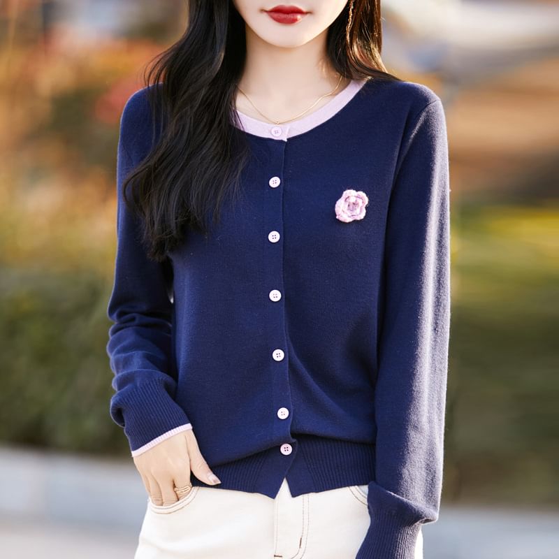 Mock Two-Piece Floral Print Button-Up Cardigan