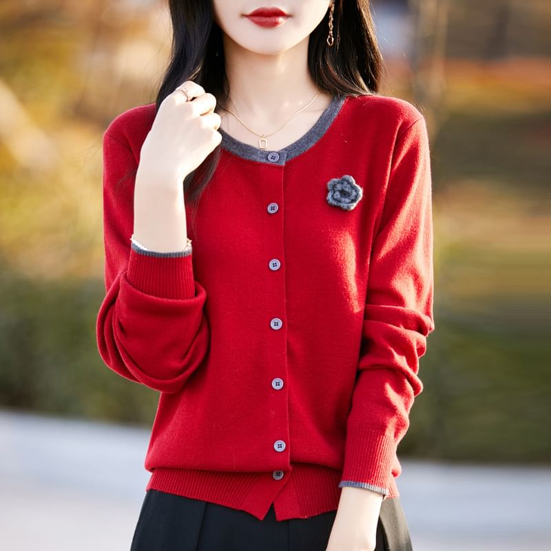 Mock Two-Piece Floral Print Button-Up Cardigan