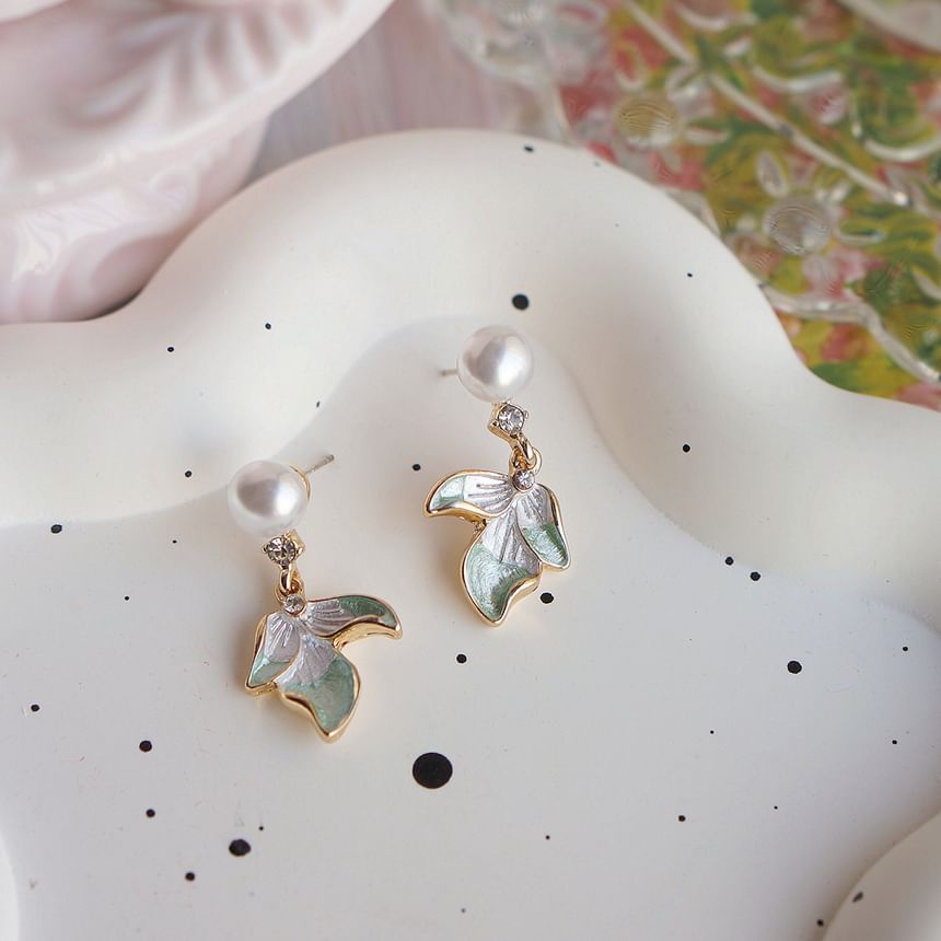 Earring Flower Faux Clip-On Pearl Drop / Rhinestone