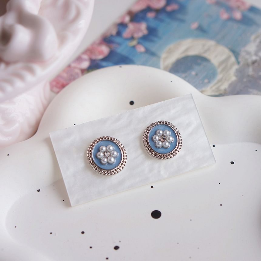 Pearl Clip-On / Stud Rhinestone Ear Faux Earring Flower