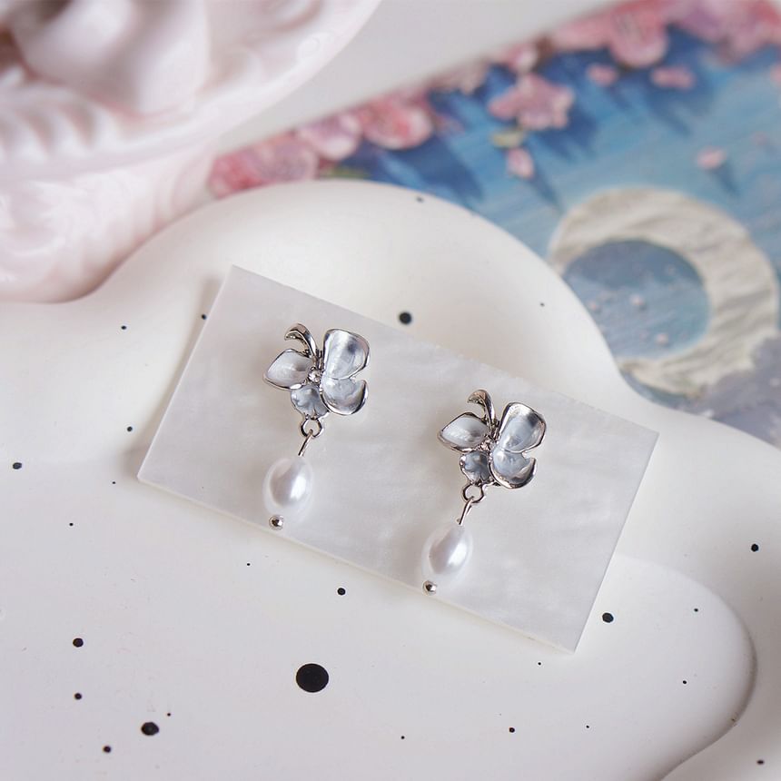 Earring Drop / Clip-On Pearl Butterfly Faux