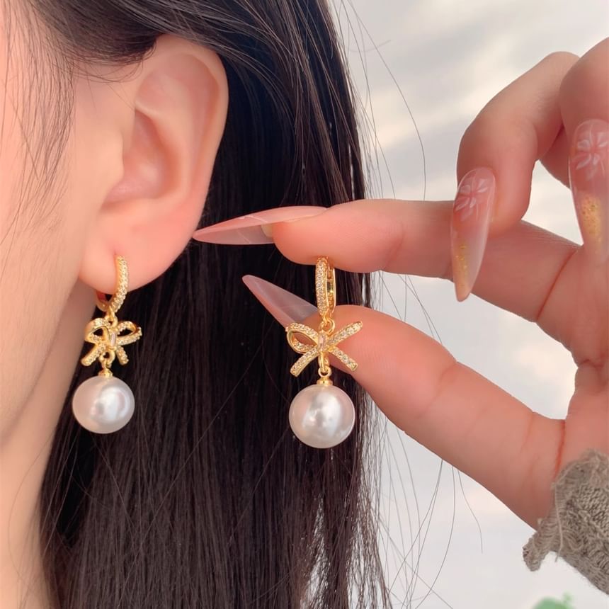 Huggie Rhinestone Pearl Faux Earring Drop Bow