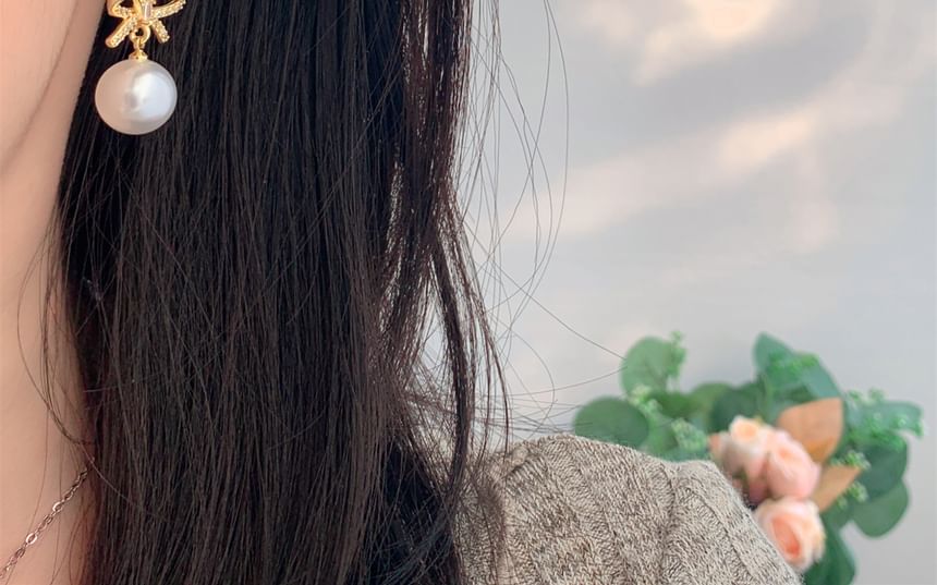 Huggie Rhinestone Pearl Faux Earring Drop Bow