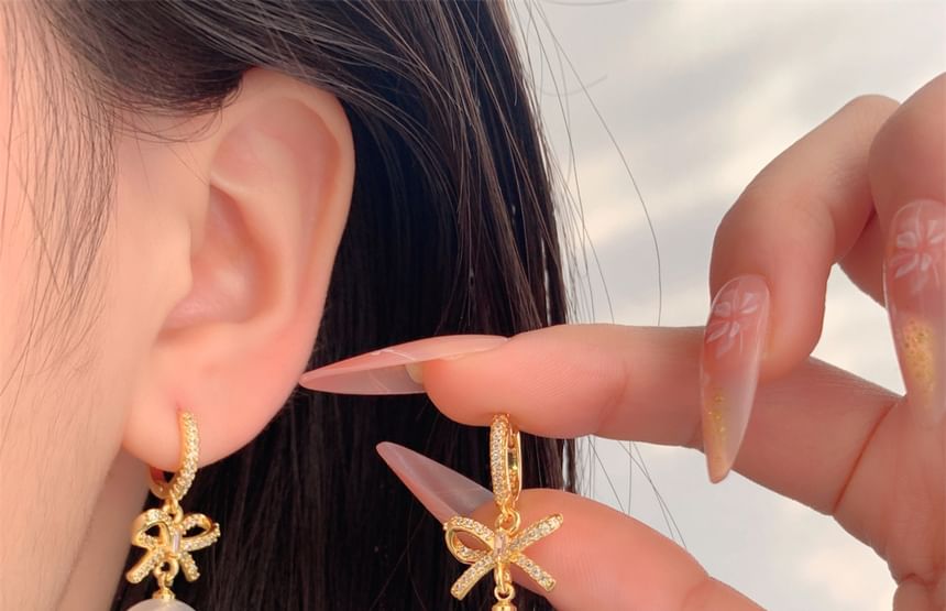 Huggie Rhinestone Pearl Faux Earring Drop Bow