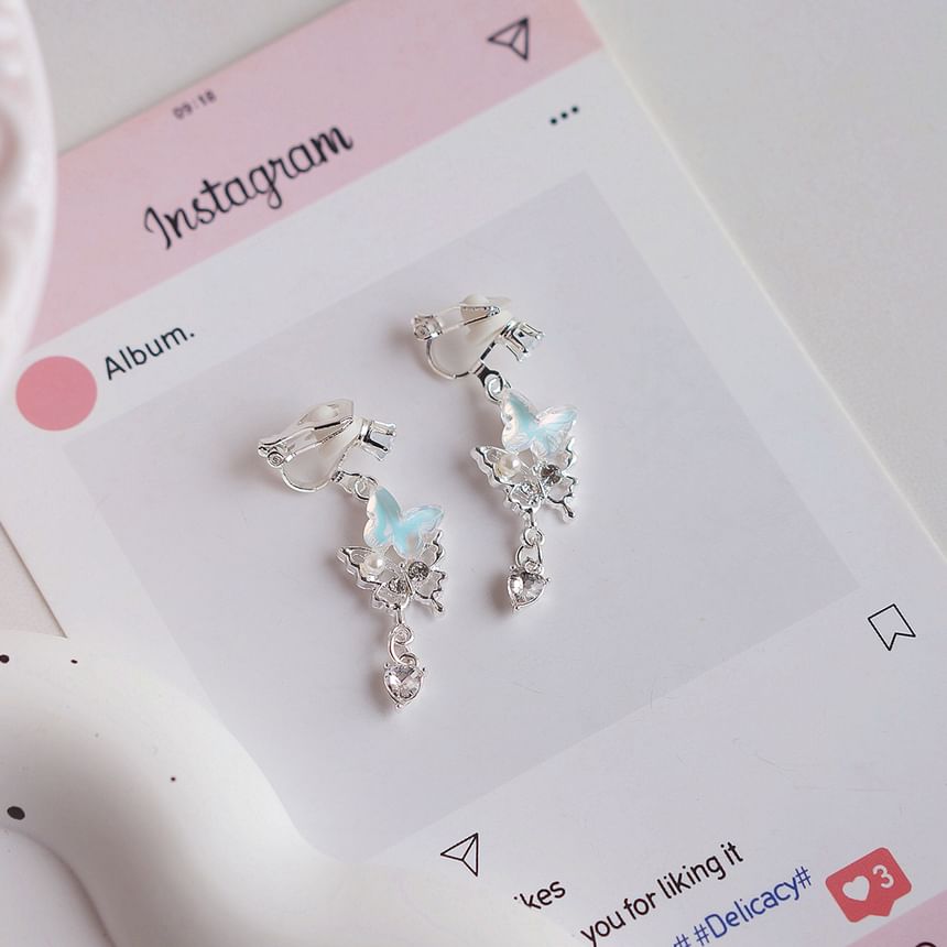 Faux Butterfly Rhinestone / Pearl Earring Drop Clip-On