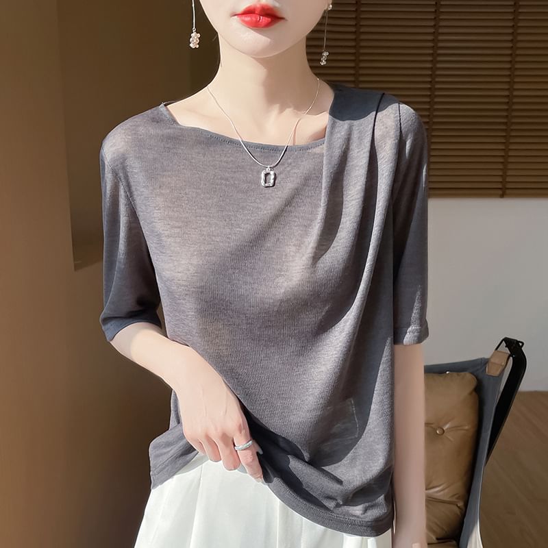 Short-Sleeve Asymmetrical Neck Plain Tee