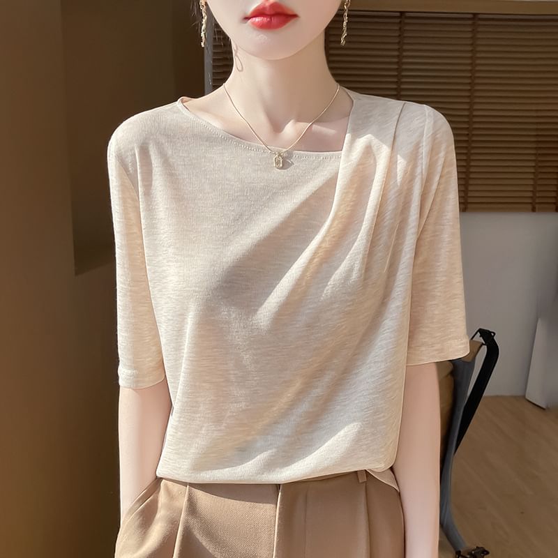 Short-Sleeve Asymmetrical Neck Plain Tee