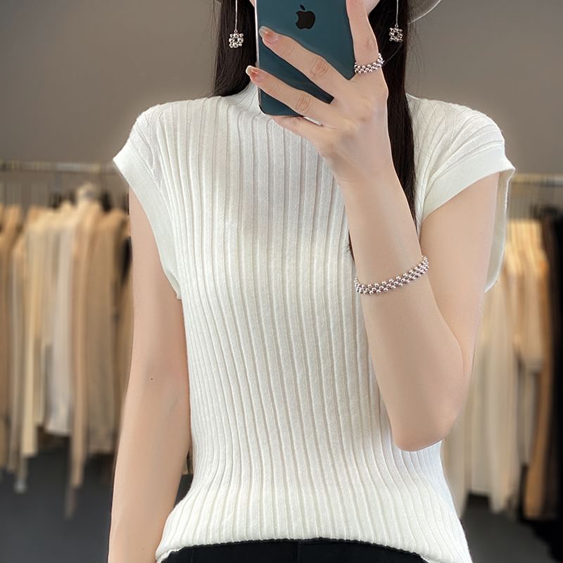 Short-Sleeve Mock Neck Plain Ribbed Knit Top