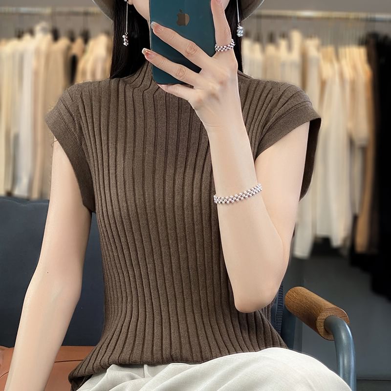 Short-Sleeve Mock Neck Plain Ribbed Knit Top