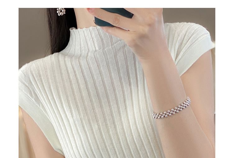 Short-Sleeve Mock Neck Plain Ribbed Knit Top