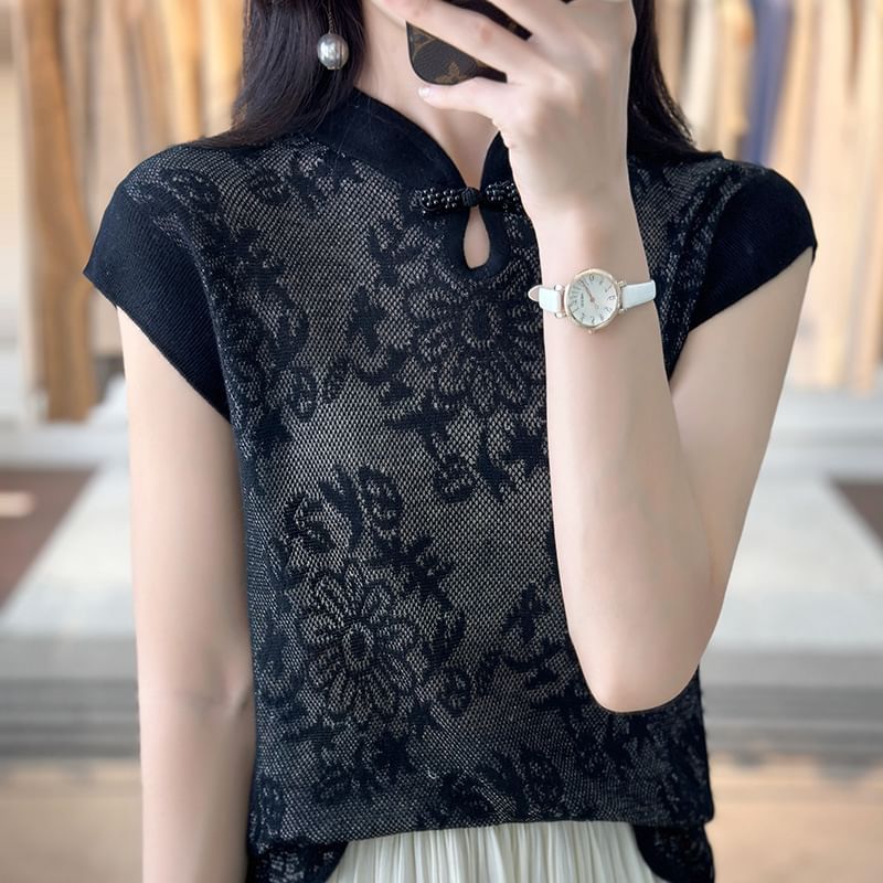 Cap-Sleeve Mock Neck Floral Knit Top
