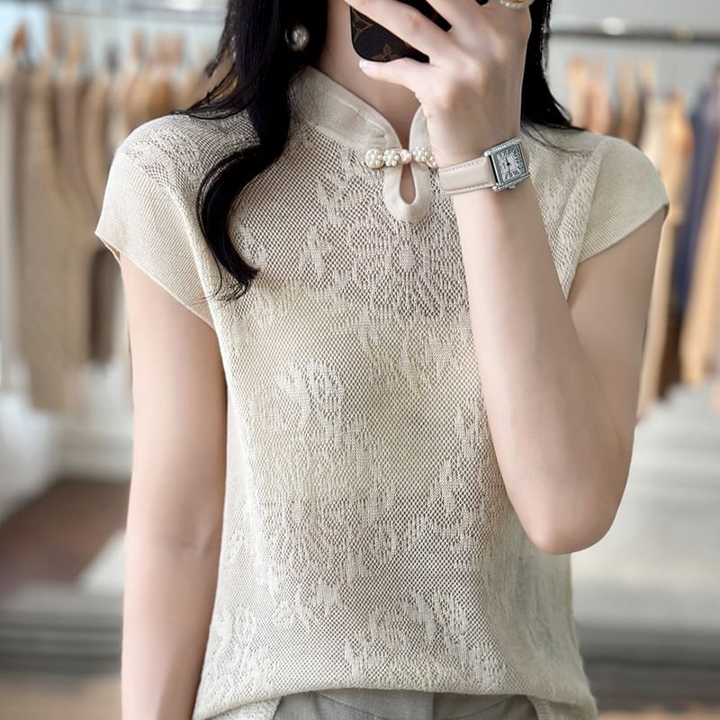 Cap-Sleeve Mock Neck Floral Knit Top