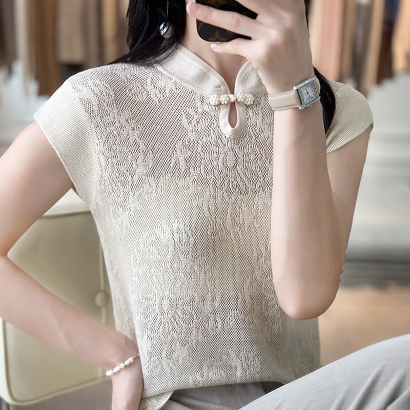 Cap-Sleeve Mock Neck Floral Knit Top