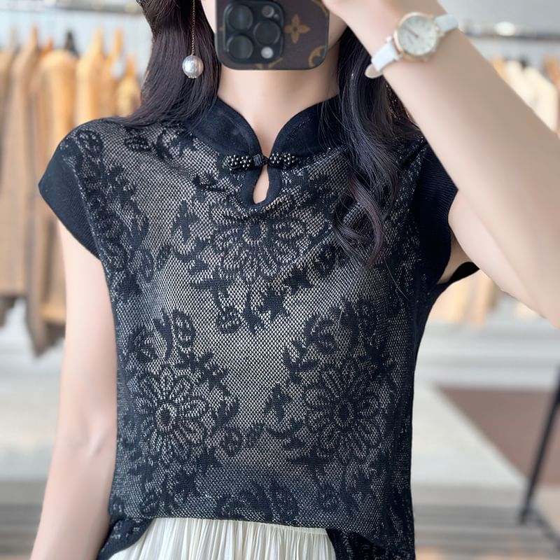 Cap-Sleeve Mock Neck Floral Knit Top
