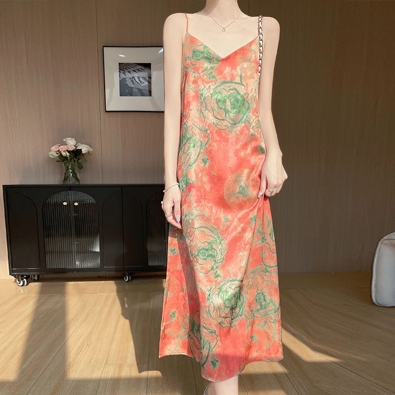 Spaghetti Strap V-Neck Floral Midi Sundress