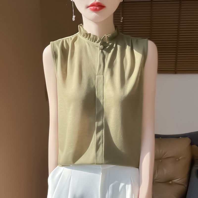 Sleeveless Plain Ruffle Blouse