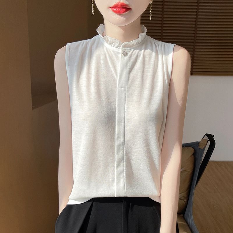 Sleeveless Plain Ruffle Blouse