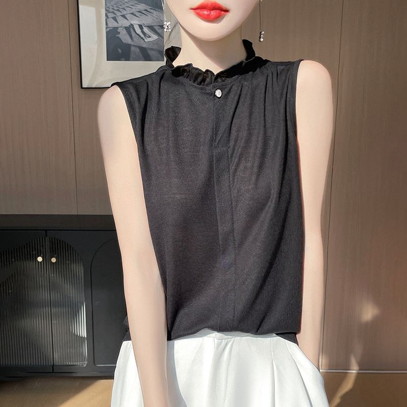 Sleeveless Plain Ruffle Blouse
